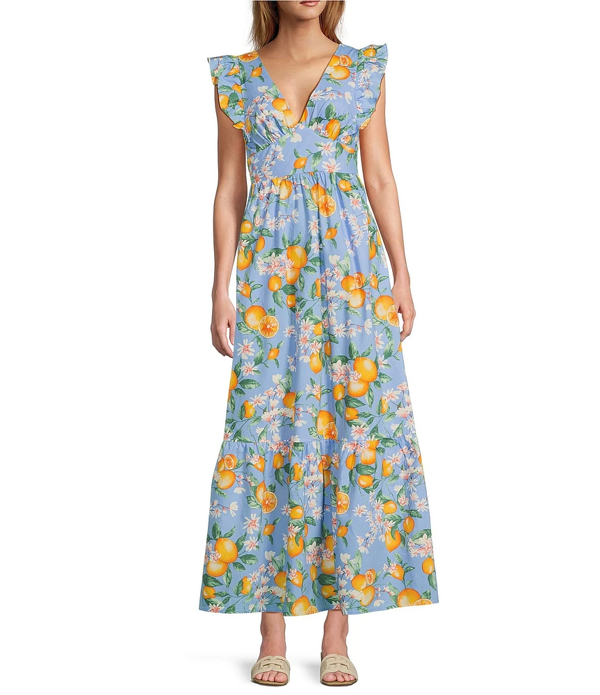 Skies Are Blue Lemon Print V-Neck Cap Sleeve Tie Back Ruffled Maxi Dress