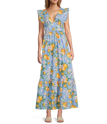 Skies Are Blue Lemon Print V-Neck Cap Sleeve Tie Back Ruffled Maxi Dress