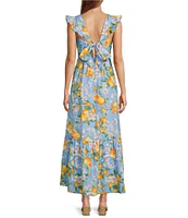 Skies Are Blue Lemon Print V-Neck Cap Sleeve Tie Back Ruffled Maxi Dress