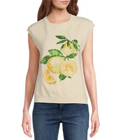 Skies Are Blue Lemon Printed Crew Neck Sleeveless Sweater Top