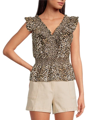 Skies Are Blue Leopard Poplin V-Neck Ruffle Cap Sleeve Smocked Peplum Top