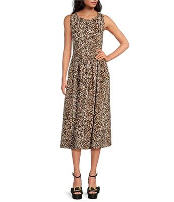 Skies Are Blue Leopard Print Poplin Crew Neck Sleeveless Drop Waist Midi Dress