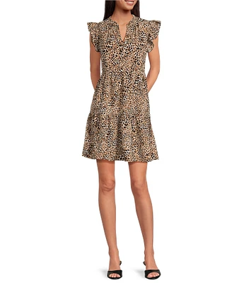 Skies Are Blue Leopard Print Split V-Neck Ruffle Cap Sleeves Shift Mini Dress