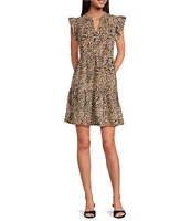 Skies Are Blue Leopard Print Split V-Neck Ruffle Cap Sleeves Shift Mini Dress