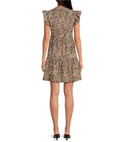 Skies Are Blue Leopard Print Split V-Neck Ruffle Cap Sleeves Shift Mini Dress