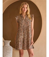 Skies Are Blue Leopard Print Split V-Neck Ruffle Cap Sleeves Shift Mini Dress