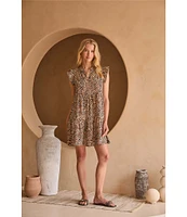 Skies Are Blue Leopard Print Split V-Neck Ruffle Cap Sleeves Shift Mini Dress