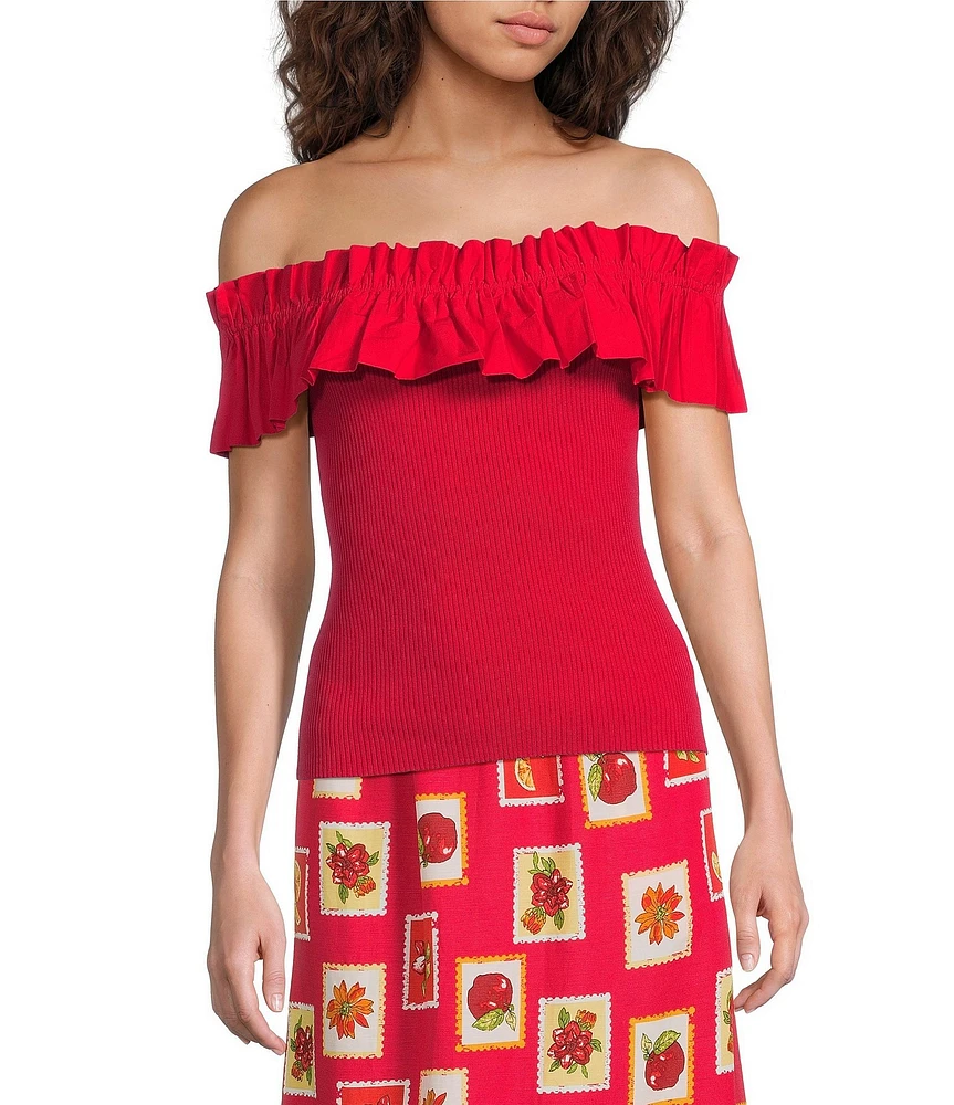 Skies Are Blue Mixed Media Off-The-Shoulder Ruffle Detail Top