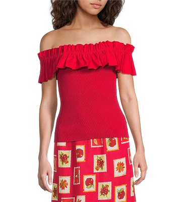 Skies Are Blue Mixed Media Off-The-Shoulder Ruffle Detail Top