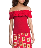 Skies Are Blue Mixed Media Off-The-Shoulder Ruffle Detail Top