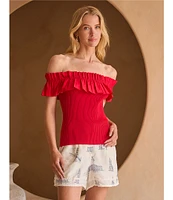 Skies Are Blue Mixed Media Off-The-Shoulder Ruffle Detail Top