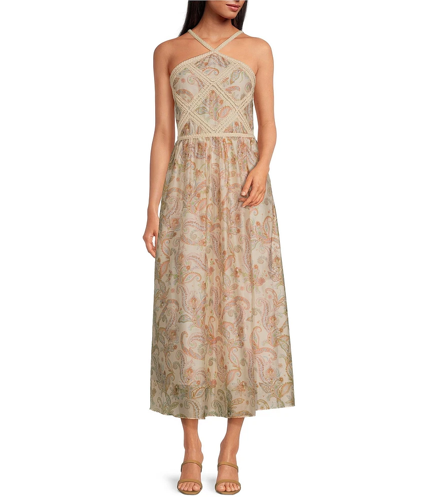 Skies Are Blue Paisley Halter Neck Macrame Embroidered Midi Dress