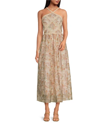 Skies Are Blue Paisley Halter Neck Macrame Embroidered Midi Dress