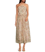 Skies Are Blue Paisley Halter Neck Macrame Embroidered Midi Dress