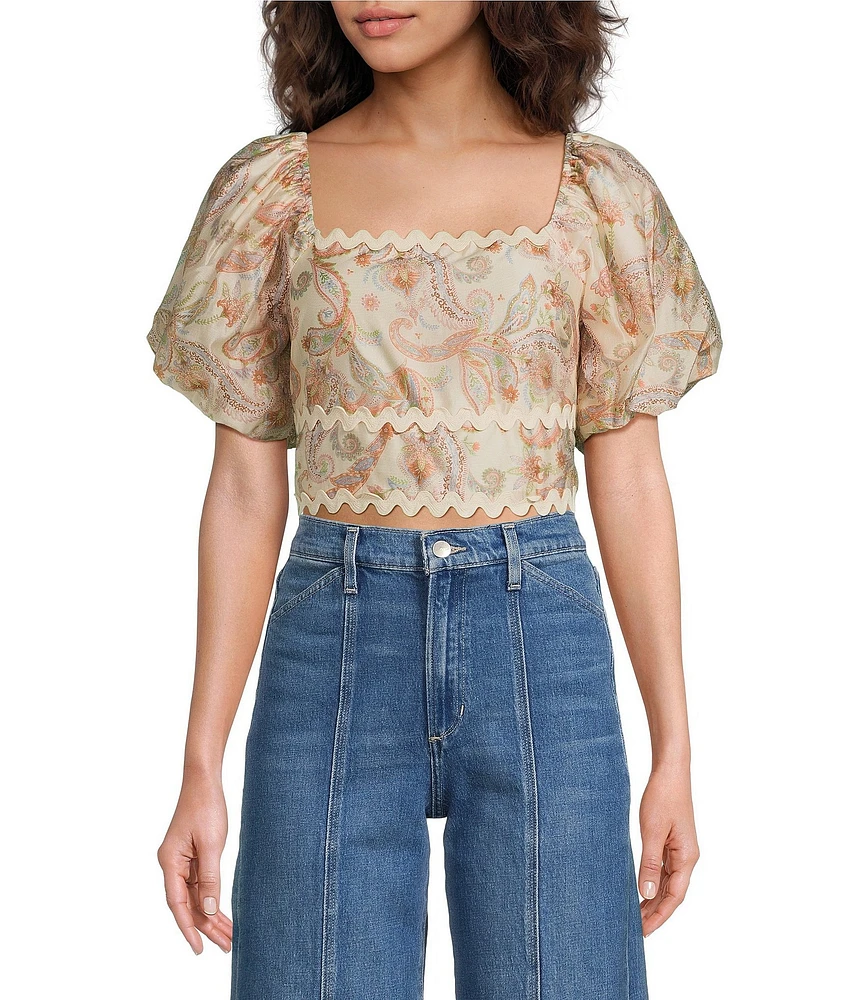Skies Are Blue Paisley Print Square Neck Short Puff Sleeve Crop Top