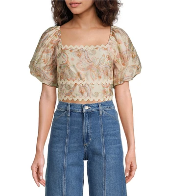 Skies Are Blue Paisley Print Square Neck Short Puff Sleeve Crop Top
