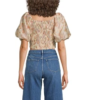 Skies Are Blue Paisley Print Square Neck Short Puff Sleeve Crop Top