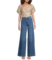 Skies Are Blue Paisley Print Square Neck Short Puff Sleeve Crop Top