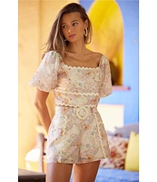 Skies Are Blue Paisley Print Square Neck Short Puff Sleeve Crop Top