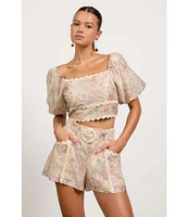 Skies Are Blue Paisley Print Square Neck Short Puff Sleeve Crop Top