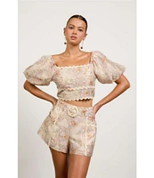 Skies Are Blue Paisley Print Square Neck Short Puff Sleeve Crop Top
