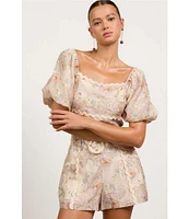 Skies Are Blue Paisley Print Square Neck Short Puff Sleeve Crop Top