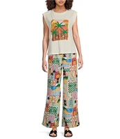 Skies Are Blue Tropical Palm Printed Crew Neck Sleeveless Graphic Tee