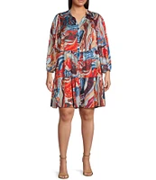 Skies Are Blue Plus Abstract Printed Button Front 3/4 Sleeve Mini Dress