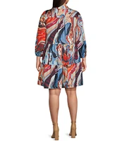 Skies Are Blue Plus Abstract Printed Button Front 3/4 Sleeve Mini Dress