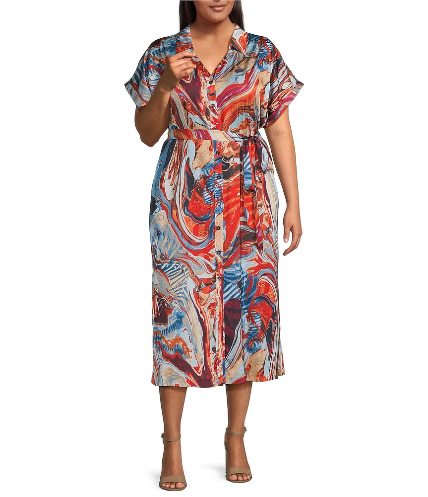 Skies Are Blue Plus Abstract Printed Short Sleeve Shirtdress
