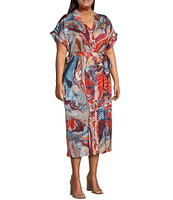 Skies Are Blue Plus Abstract Printed Short Sleeve Shirtdress
