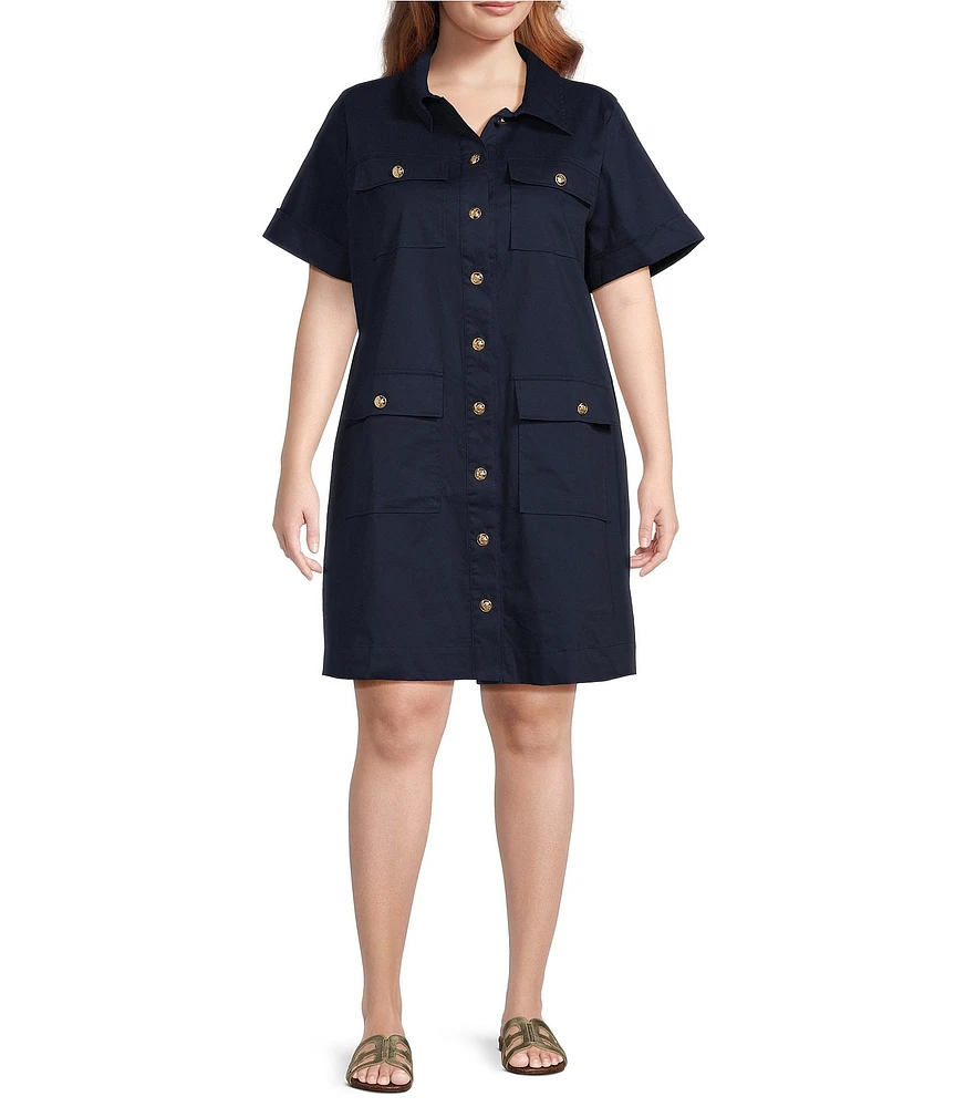 Skies Are Blue Plus Size Chino Short Sleeve Button Front Dress