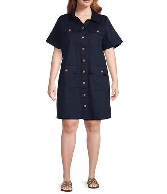 Skies Are Blue Plus Size Chino Short Sleeve Button Front Dress