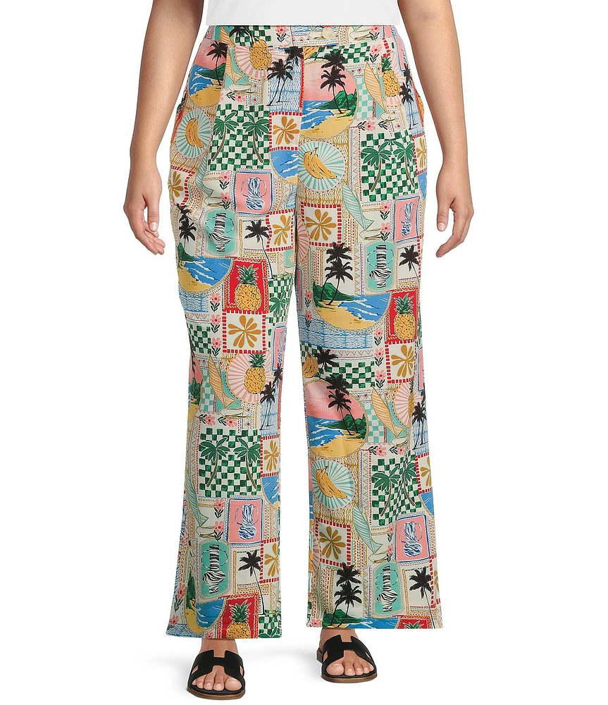 Skies Are Blue Plus High Rise Postcard Printed Coordinating Wide Leg Pants