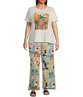 Skies Are Blue Plus High Rise Postcard Printed Coordinating Wide Leg Pants