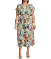 Skies Are Blue Plus Postcard Print Short Sleeve Midi Dress