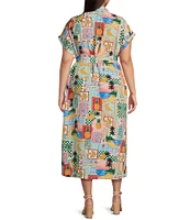 Skies Are Blue Plus Postcard Print Short Sleeve Midi Dress