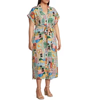 Skies Are Blue Plus Postcard Print Short Sleeve Midi Dress