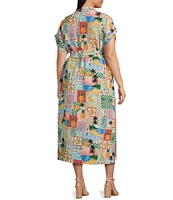 Skies Are Blue Plus Postcard Print Short Sleeve Midi Dress