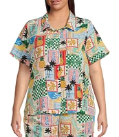 Skies Are Blue Plus Postcard Printed Short Sleeve Woven Coordinating Shirt