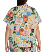 Skies Are Blue Plus Postcard Printed Short Sleeve Woven Coordinating Shirt