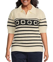 Skies Are Blue Plus Printed Pointelle Knit Collared Short Sleeve Sweater