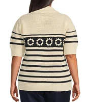 Skies Are Blue Plus Printed Pointelle Knit Collared Short Sleeve Sweater
