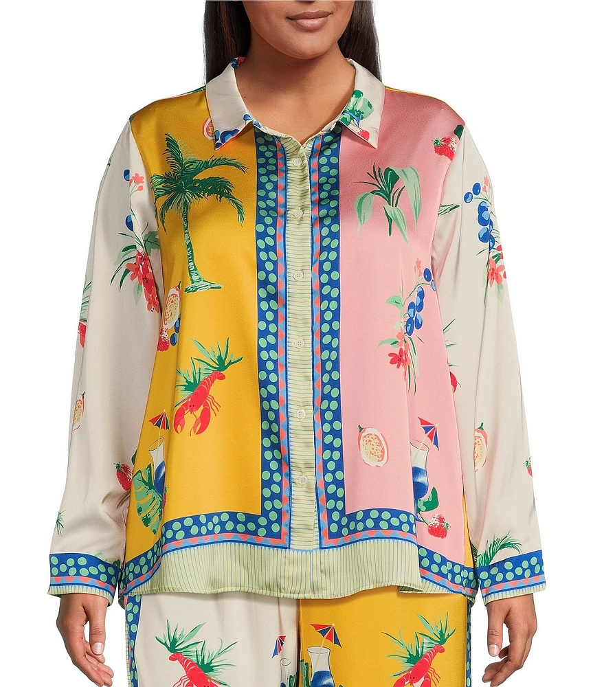 Skies Are Blue Plus Size Coordinating Border Print Long Sleeve Woven Blouse