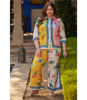 Skies Are Blue Plus Size Coordinating Border Print Long Sleeve Woven Blouse