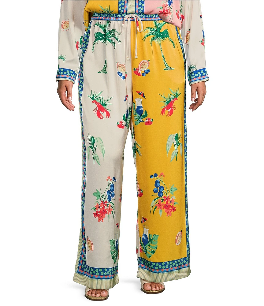Skies Are Blue Plus Size Coordinating Border Print Wide Legs Pants