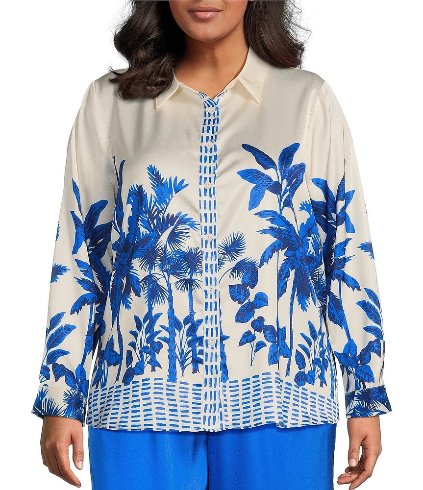 Skies Are Blue Plus Size Border Satin Long Sleeve Woven Coordinating Blouse