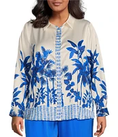 Skies Are Blue Plus Size Border Satin Long Sleeve Woven Coordinating Blouse