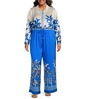 Skies Are Blue Plus Size Border Satin Long Sleeve Woven Coordinating Blouse