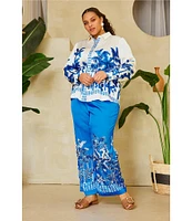 Skies Are Blue Plus Size Border Satin Long Sleeve Woven Coordinating Blouse